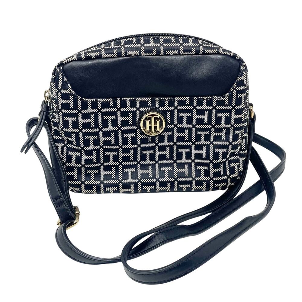 Tommy Hilfiger Signature Black Gray Crossbody Bag Purse Excellent Travel TH Logo
